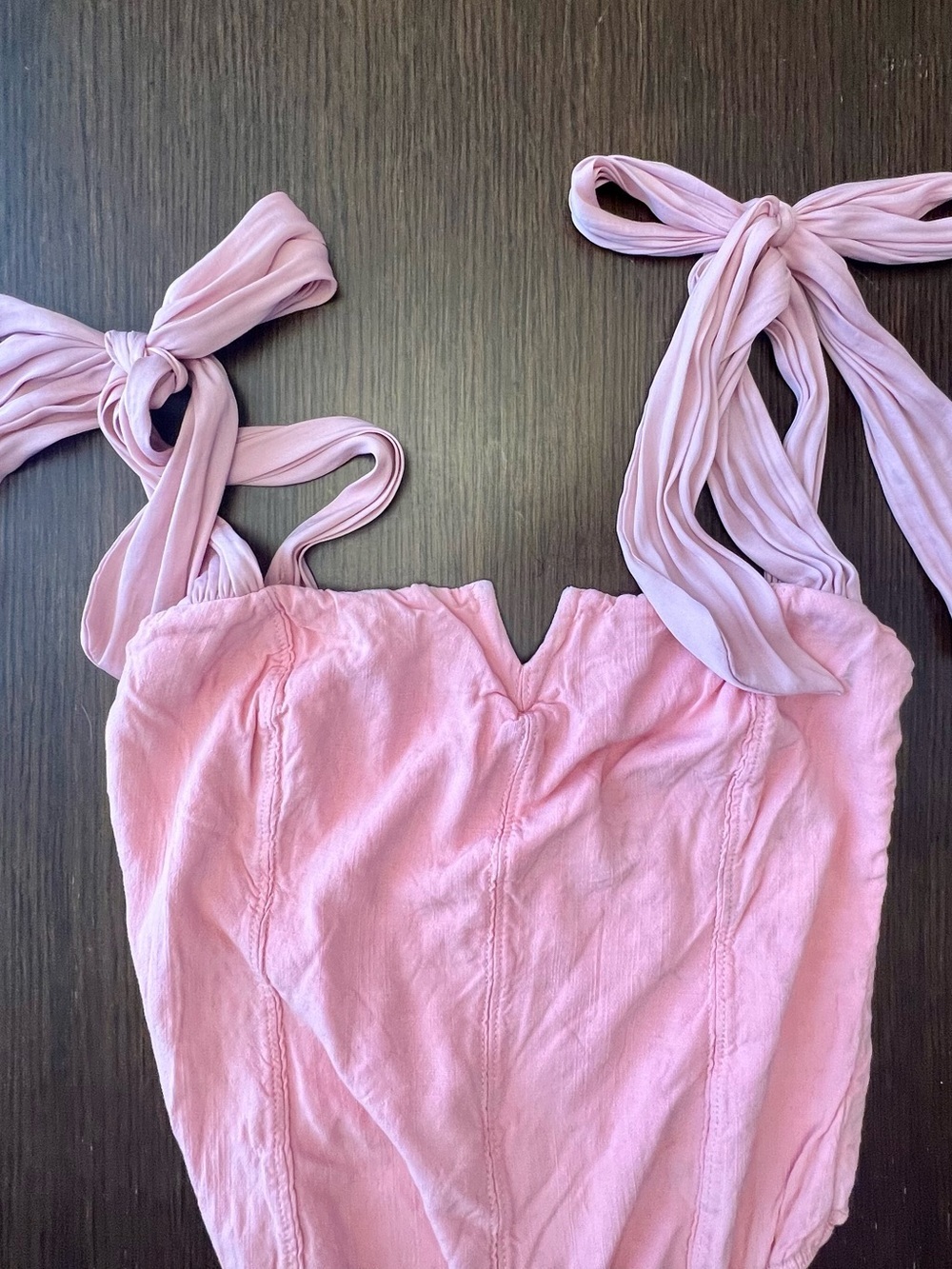Free People XS Lola Bodysuit Pink Bow Tie Shoulder Notch Neck - Picture 4 of 10